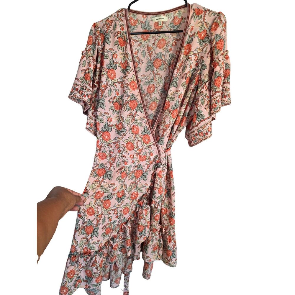 Max Studio Pink Orange Floral Ruffle Wrap Dress Flutter Sleeve XL